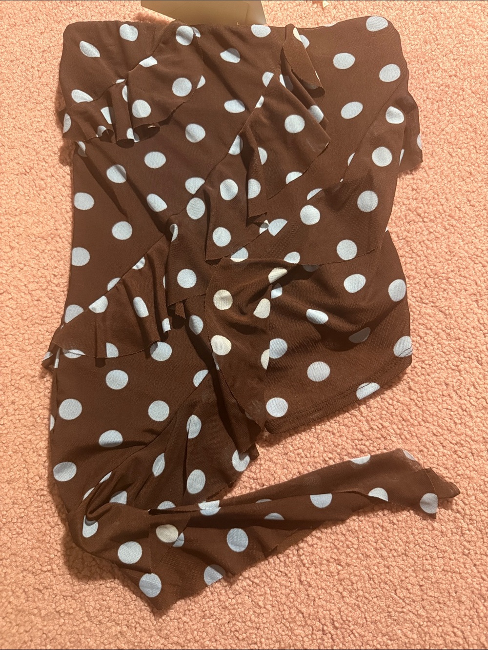 Polka Dot Brown Crop Top with Light Blue Dots Strapless Ruffles Y2K